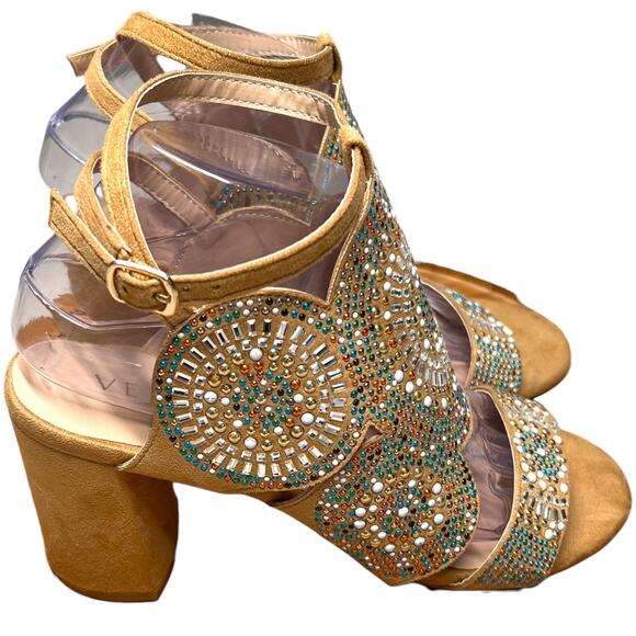 VENUS Womens 8 Tan Embellished Beaded Sandals Ankle Strap Block Heel - Picture 5 of 15